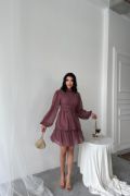 ŞİFON KATLI UZUN KOL ELBİSE - Pudra resmi